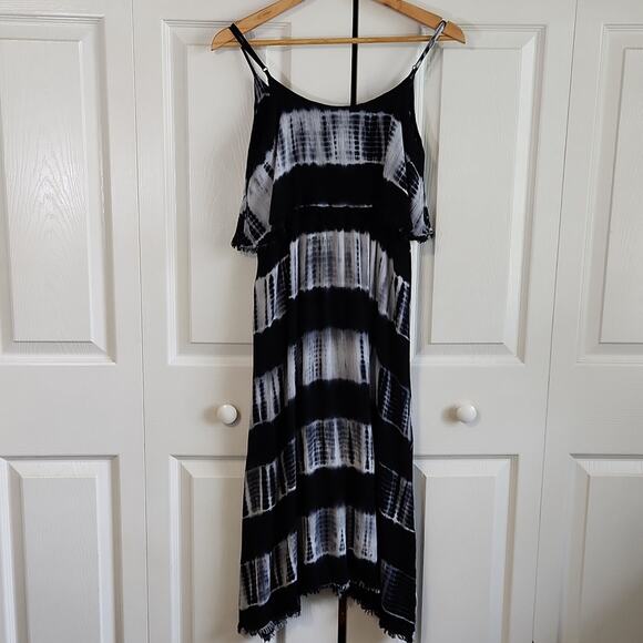 Blu Pepper Gauzy Black White Tie-Dye Midi Dress Size Med Boho Beach Whimsigoth - Picture 2 of 11